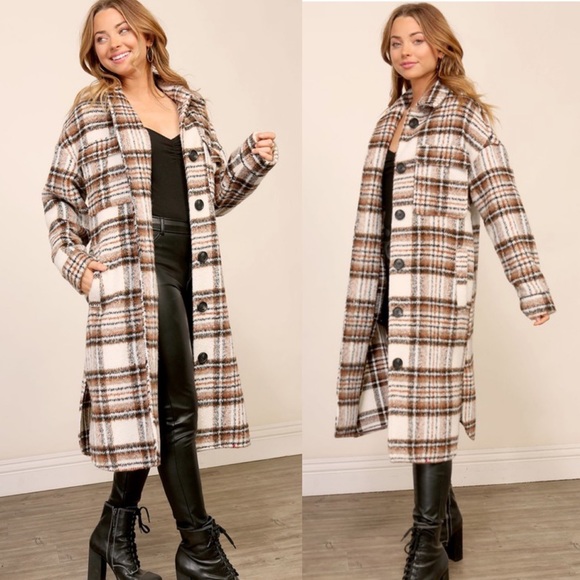 Plaid Collared Long Shacket with Pockets - Picture 5 of 5